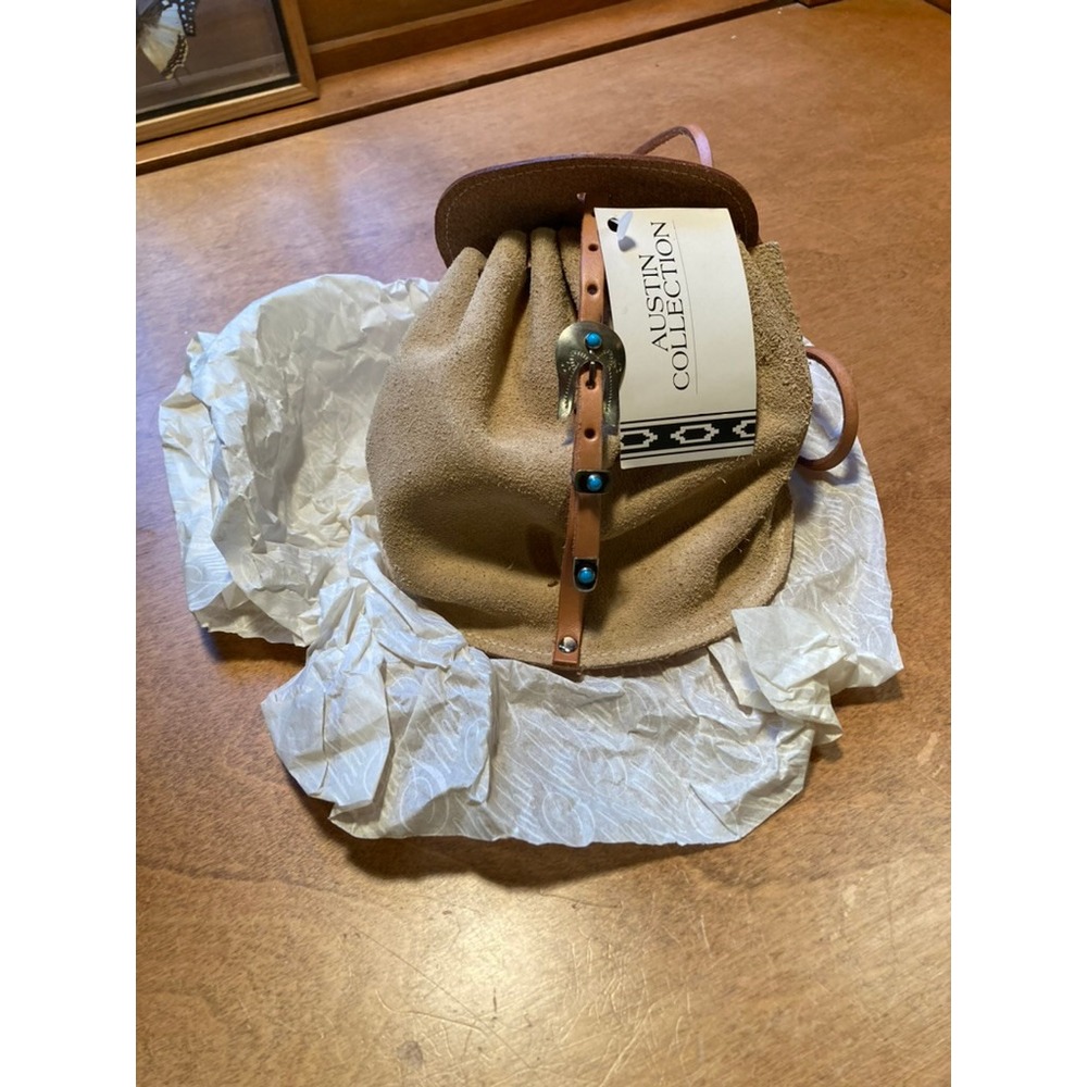 Austin Collection Tan Suede Crossbody Pouch Bag Turquoise Buckle Made in Texas